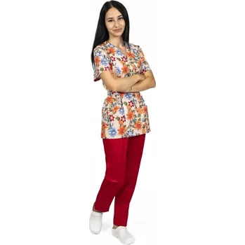 Zdravotnický oděv Lékařský kimono s květinovým vzorem, s potištěnou halenkou a elastickými kalhotami