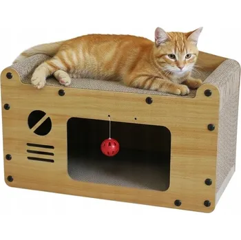 ŠKRABADLO PRO KOČKY KARTONOVÉ MDF PELÍŠEK DOMEČEK BOUDA S HRAČKOU RETRO TV