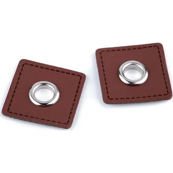 Průchodka s koženkovým čtverečkem k našití, průvlek 8 mm, střední, 2 hnědá koňak nikl