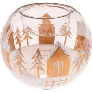 Svícen Skleněný svícen s vánoční krajinou 6,5 cm