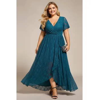 Dámské šaty EVER PRETTY Společenské krajkové šaty pro plnoštíhlé TERESIA petrolejově modré Barva: Modrá, Velikost: 58