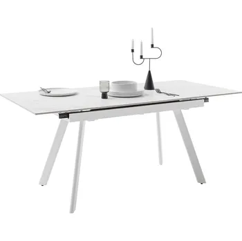 Jídelní stůl Rozkládací jídelní stůl PARENZO keramika bílý mramor, podnož bílá matná 140(180)x90