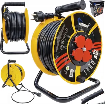 elektrický kabel Bubnový prodlužovací kabel Ondragon 50 m / 3×2,5 mm² – 4 zásuvky s víčky, IP44, kovový rám, černý