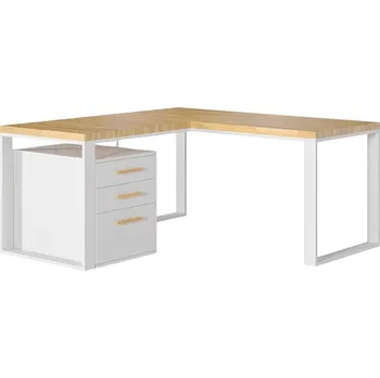 Psací stůl Bílý rohový psací stůl s dřevěnou horní deskou loft + podstavec - Bílá , NE , Vlevo , 180x70 cm