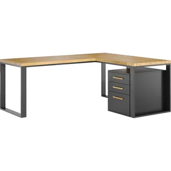 Psací stůl Rohový psací stůl s dřevěnou půdní deskou + podstavec. 160x70+90x70 - Černá , NE , Práva , 160x70 cm