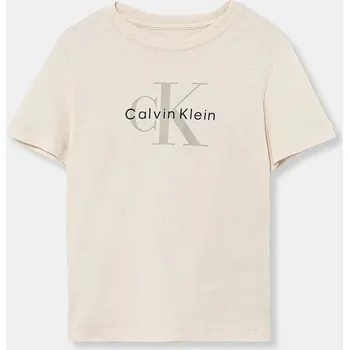 Chlapecké tričko Dětské bavlněné tričko Calvin Klein Jeans béžová barva, s potiskem, IU0IU00715 IU0IU00715.104.116.PPY2 12X, vel. 104