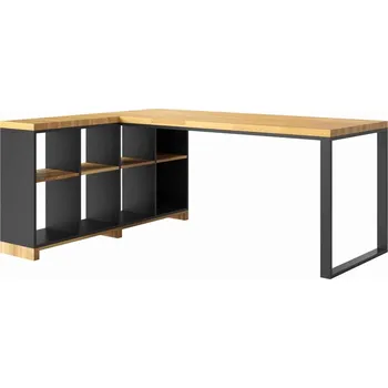 Psací stůl Funkční rohový stůl s krytem, dřevo a kov, levá strana - Černá , NE , Vlevo , 200x70 cm