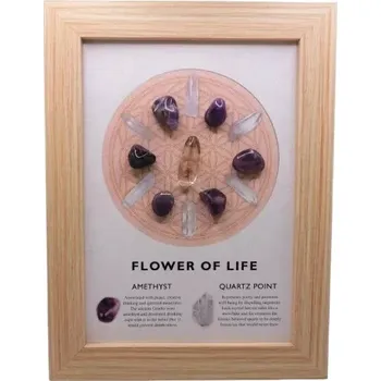 Obrázek s květem života a minerálem ametyst a křišťál