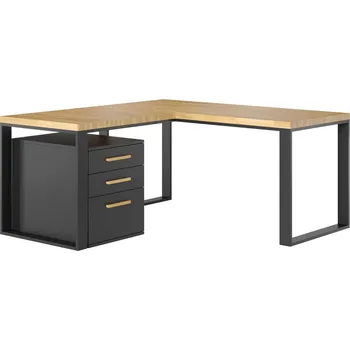 Psací stůl Rohový psací stůl s dřevěnou půdní deskou + podstavec. 160x70+90x70 - Černá , NE , Vlevo , 160x70 cm