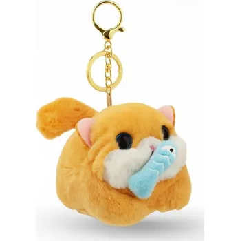 Flamenco Mystique Klíčenka - Kočka chytající rybu s kudrnatým ocasem, krémová BRL398K