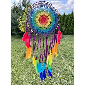 Lapač snů Magieprirody.cz Velký duhový lapač snů s háčkovaným středem #ZB400