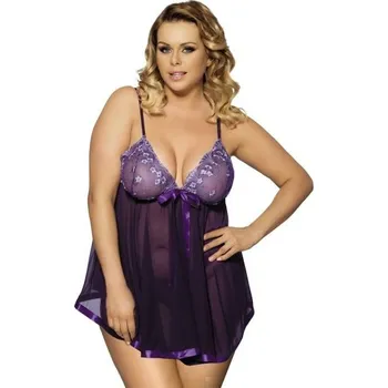 Dámská erotická košilka Sexy Elephant Sexy Rhinestone Red Lace Plus Size See-through Nightdress, XXXXL - fialová