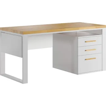 Psací stůl Bílý psací stůl s dřevěnou deskou 140x70cm s podstavcem se zásuvkami - Bílá , ANO , 200x70 cm