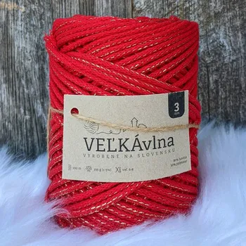 Příze VEĽKÁvlna VEL'KÁvlna bavlněná šňůra na háčkování 3mm Mák se zlatou nitkou