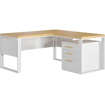 Psací stůl Bílý rohový psací stůl s dřevěnou deskou a zásuvkami - Bílá , ANO , Práva , 180x70 cm