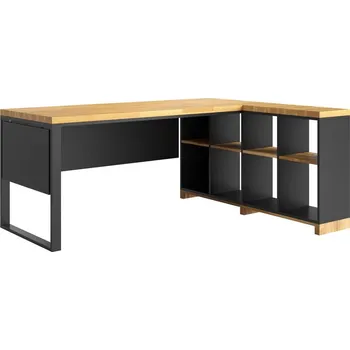 Psací stůl Funkční rohový stůl s krytem, dřevo a kov, levá strana - Černá , ANO , Práva , 180x70 cm