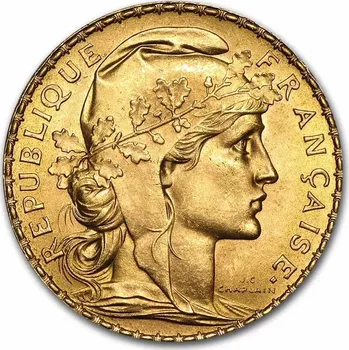 Zlatá francouzská mince "Kohout. 20 franků" 1899-1914, 5,81 g ryzího zlata (0,900 proof)