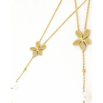 Náhrdelník Flamenco Mystique Náhrdelník z nerezové oceli pokovený 14k zlatem, KVĚTINA, perla NST2206