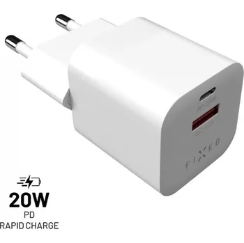 Síťová nabíječka FIXED Mini s USB-C a USB výstupem, podpora PD a QC 3.0, 20W, bílá