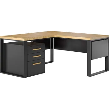 Psací stůl Bílý rohový psací stůl s dřevěnou horní deskou loft + podstavec - Černá , ANO , Vlevo , 180x70 cm