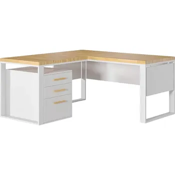 Psací stůl Bílý rohový psací stůl s dřevěnou deskou a zásuvkami - Bílá , ANO , Vlevo , 160x70 cm