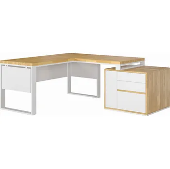 Psací stůl Rohový psací stůl s dřevěnou deskou, zásuvkami a kryty - Bílá , ANO , Práva , 180x70 cm