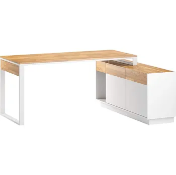 Psací stůl Rohový psací stůl černý s kancelářskou kartotékou - Práva , Přírodní dub/bílá