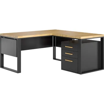 Psací stůl Bílý rohový psací stůl s dřevěnou horní deskou loft + podstavec - Černá , ANO , Práva , 160x70 cm