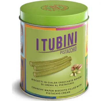 Jedlá dekorace na dort BUSSY srl BUSSY TUBINI PISTACCHIO - vaflové trubičky s pistáciovým krémem v dóze 280g