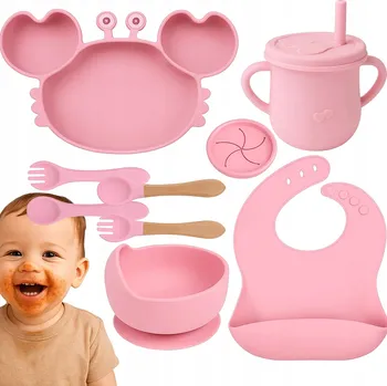 dětská jídelní sada SILIKONOVÁ SADA NÁDOBÍ PRO DĚTI SE SLINTÁKEM KRAB PŘÍSAVKA