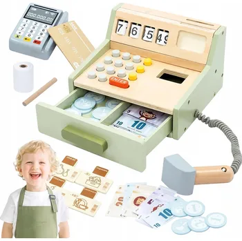 Hra na obchod DŘEVĚNÁ POKLADNA PRO DĚTI S PŘÍSLUŠENSTVÍM – HRAČKA POKLADNA 35 DÍLŮ