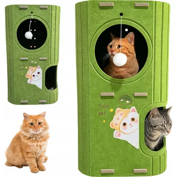 Pelíšek pro psa DOMEČEK PRO KOČKY PELÍŠEK VĚŽ Z FILCU S MÍČKEM ZELENÁ VELKÁ PRO 2 KOČKY