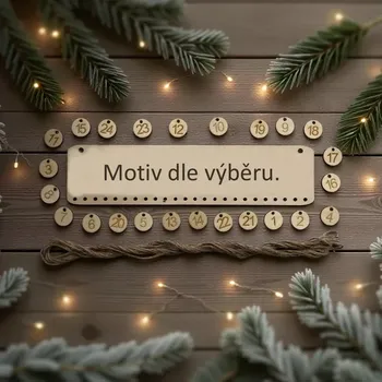 Vánoční dekorace Dřevěný adventní kalendář – motiv mašinka a vločky, ruční výroba, provázky a čísla