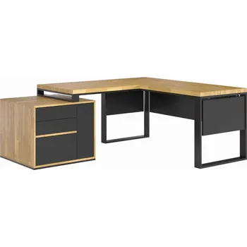 Psací stůl Rohový psací stůl s dřevěnou deskou a prémiovými zásuvkami - Černá , ANO , Vlevo , 180x70 cm