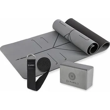 Šedá sada na jógu HMS - podložka YM10, jóga blok KJ02 a popruh SJ02