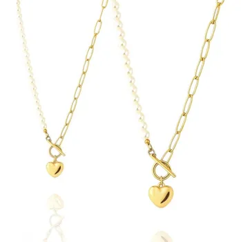 Náhrdelník Flamenco Mystique Náhrdelník z nerezové oceli pokovený 14k zlatem, SRDCE, perly NST2213