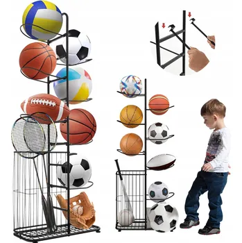 Úložný box KOVOWÝ STOJAN NA MÍČE PRO 7 MÍČŮ S KOŠEM ČERNÝ DO GARÁŽE I DOMU ODOLNÝ