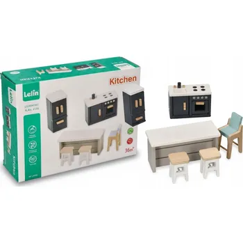 Doplněk pro panenku SADA DŘEVĚNÉHO NÁBYTKU DO DOMEČKU PRO PANENKY KUCHYNĚ MEEBLE DŘEVĚNÝ
