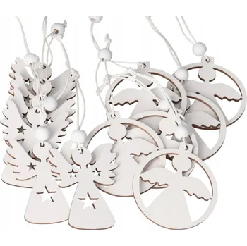 Vánoční dekorace VÁNOČNÍ BAŇKY NA STROMEČEK DŘEVĚNÍ ANDĚLÉ OZDOBA 12 KS