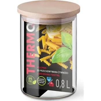 Dóza na potraviny dóza 0,80l, d9,6x14,5cm, THERMO, dř.víčko, var.sklo