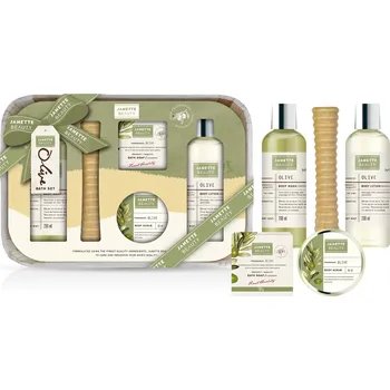 Kosmetická sada Dárkový balíček OLIVA – sprchový gel, mléko, peeling, mýdlo, masážní tyčinka a dřevěný box