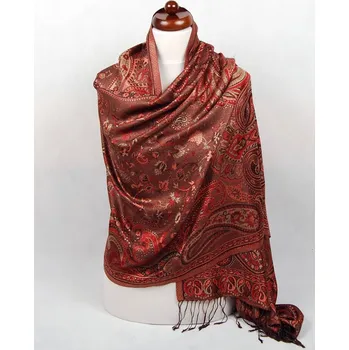 Šála Hedvábná šála Super velká Norbu tmavě hnědá s červenou a černou