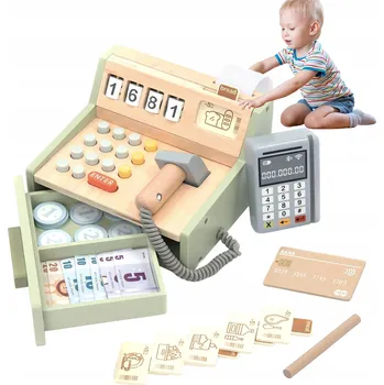 Hra na obchod DŘEVĚNÁ POKLADNA PRO DĚTI S MNOHA DOPLŇKY