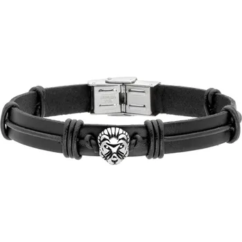 Náramek Manoki Pánský náramek Lion z pravé kůže a chirurgické oceli, lev BA1125B Černá 21 cm