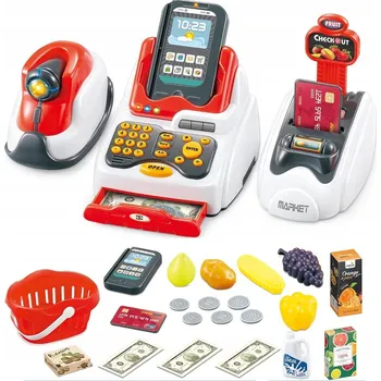 Hra na obchod 3v1 SADA OBCHOD PRO DĚTI POKLADNA SKENER TERMINÁL KARTA KOŠÍK PRODUKTY 41ks