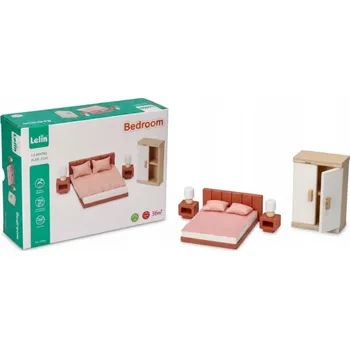 Doplněk pro panenku SADA DŘEVĚNÉHO NÁBYTKU DO DOMEČKU PRO PANENKY LOŽNICE MEEBLE DŘEVĚNÝ
