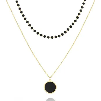 Náhrdelník Flamenco Mystique Náhrdelník z nerezové oceli pokovený 14k zlatem, dvojitý, černé korálky, prsten NST2207