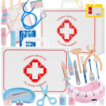 Dřevěná hračka Dřevěná LÉKAŘSKÁ Sada kufřík LÉKÁRNIČKA pro DĚTI LÉKAŘ DOKTOR 58 dílů