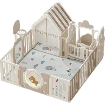 Dětská ohrádka Emporio Dětská ohrádka, sada hřiště, plastová s houpačkou a domečkem, béžová, 150 × 180 cm