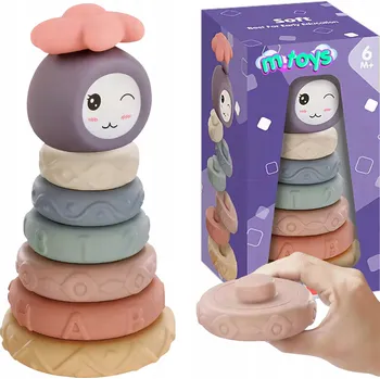 ostatní stavebnice MĚKKÁ SILIKONOVÁ VĚŽ – BAREVNÉ KRUHY, DISKY, ČÍSLA, TVARY – PYRAMIDA, 8 DÍLŮ